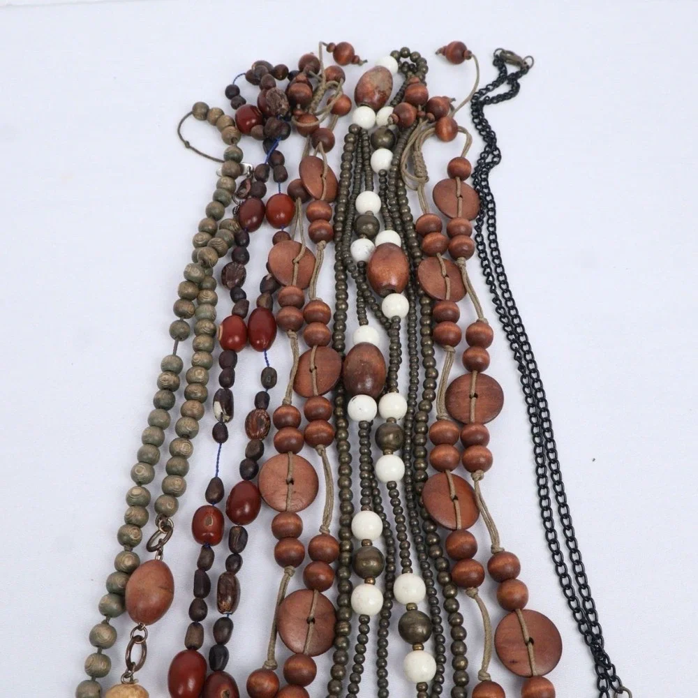 VTG Boho Ethnic Tribal Long Wood‎ Beaded Necklaces (6) Earth Tones